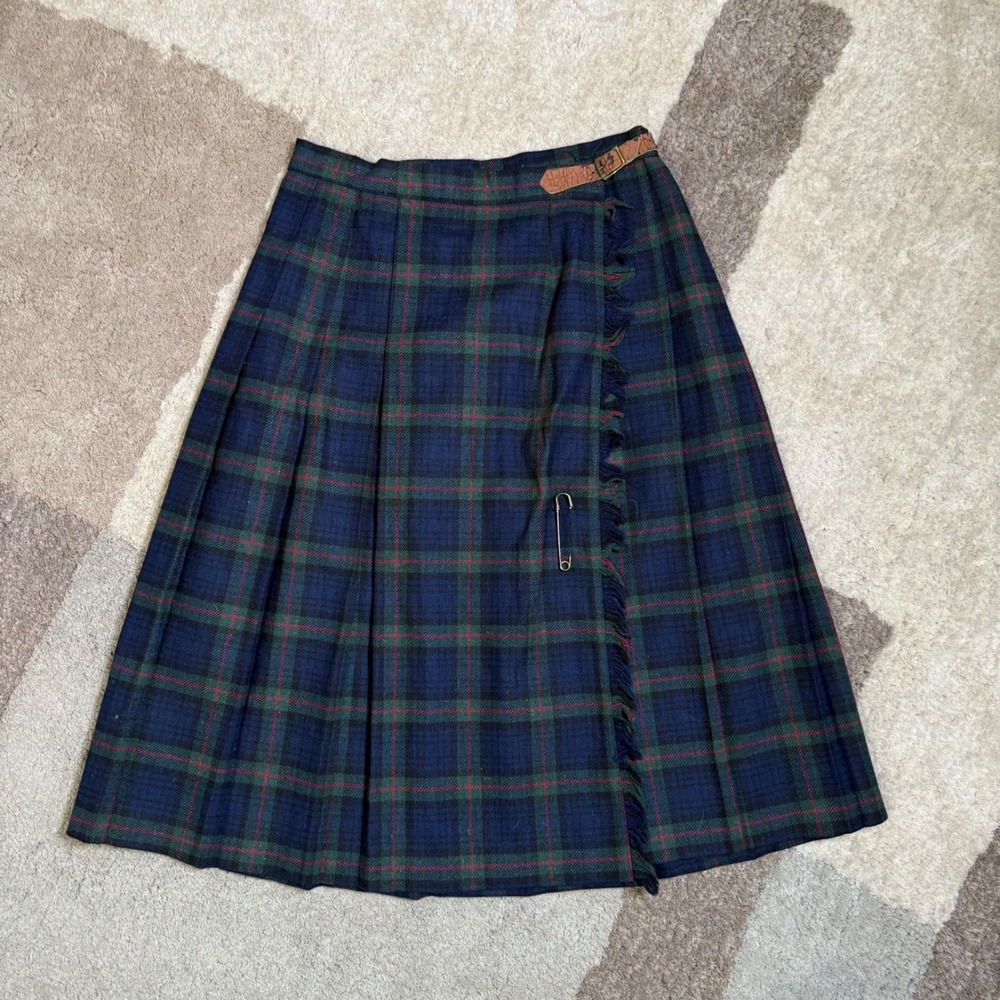 Barclay Square Plaid Kilt Vintage Wrap Navy Green Wool Blend Pleated USA 12